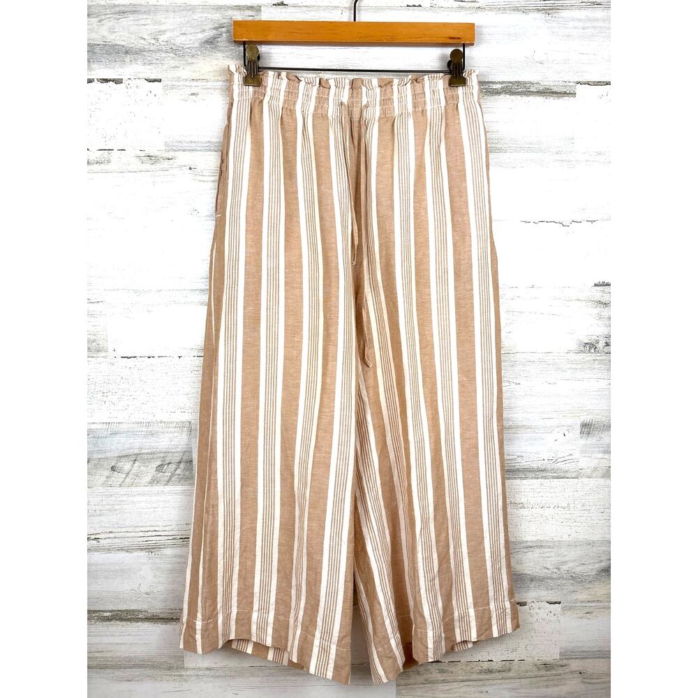 Madewell Womens M Tan White Stripe Linen Viscose Wide Leg Crop Pants